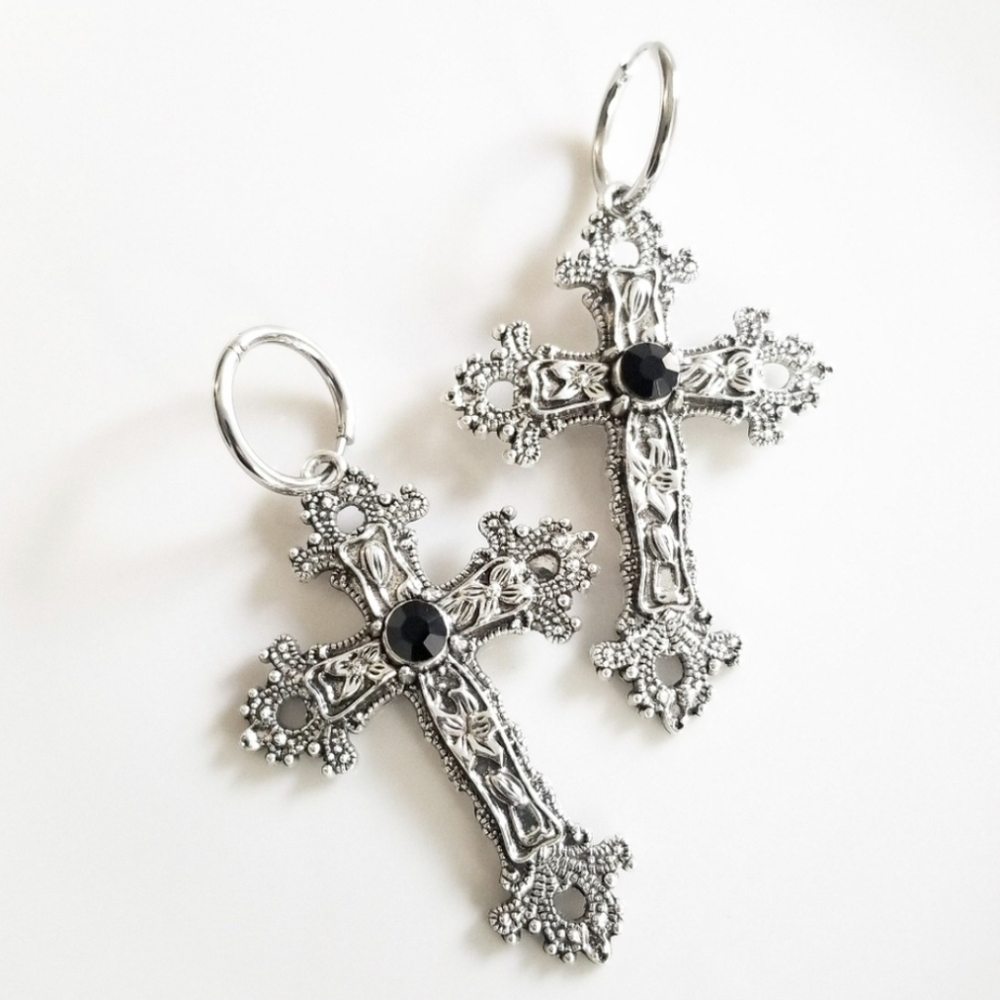 NEW Dolls Kill Silver Gothic Witchy Medieval Renaissance Style Cross Earrings - Picture 3 of 7
